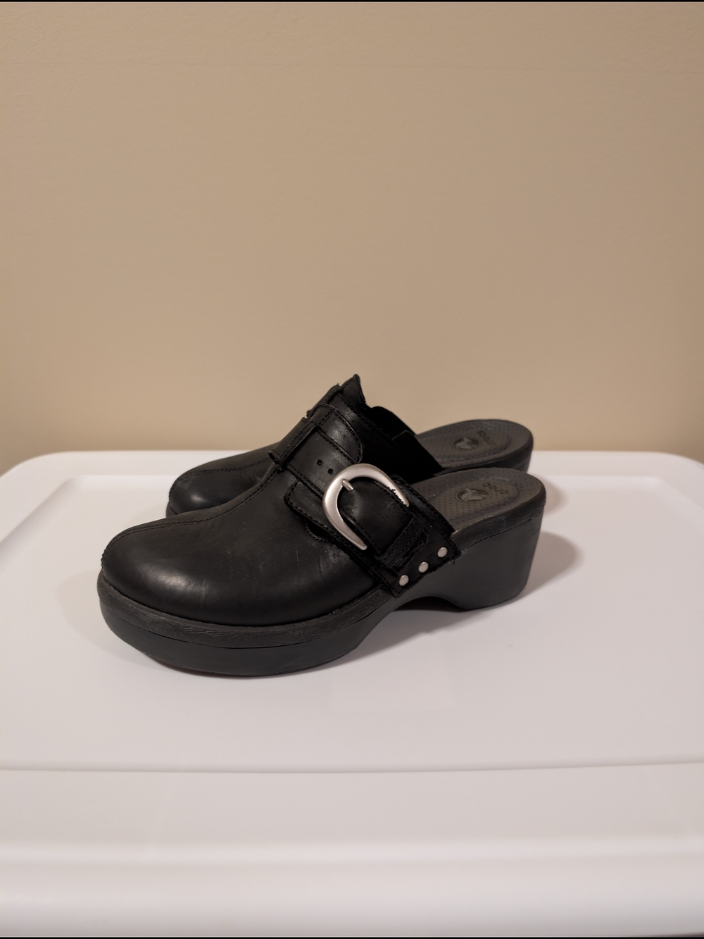 CROCS Black Leather Clog Mules with Buckle Accent